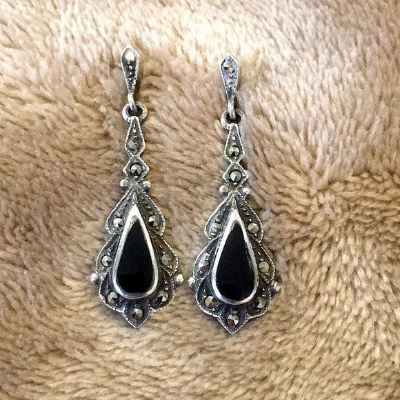 Vintage Sterling Silver Onyx Marcasite Drop Dangle Earrings - Picture 1 of 4